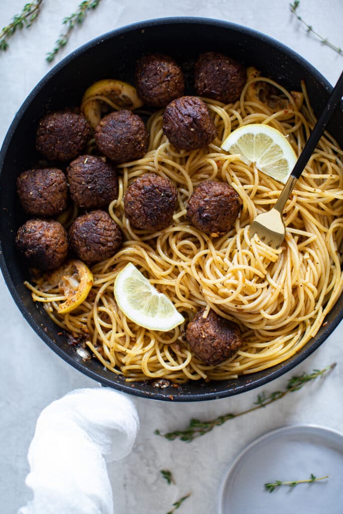 Vegan Lemon Garlic Spaghetti + Meatballs