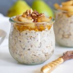Closeup of a glass of Vanilla Overnight Oats with Maple Spiced Pears.