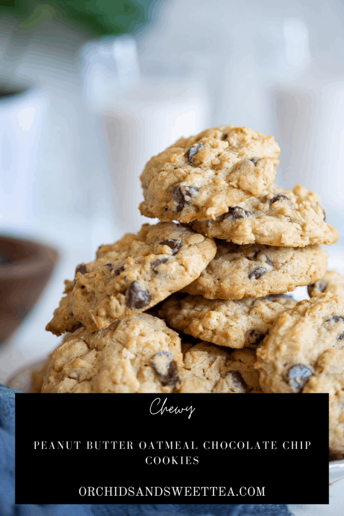 Pile of cookies with text: \"Chewy Peanut Butter Oatmeal Chocolate Chip Cookies.\"