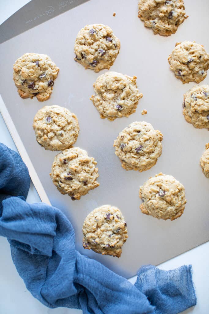 Peanut Butter Oatmeal Chocolate Chip Cookies on a baking sheet.