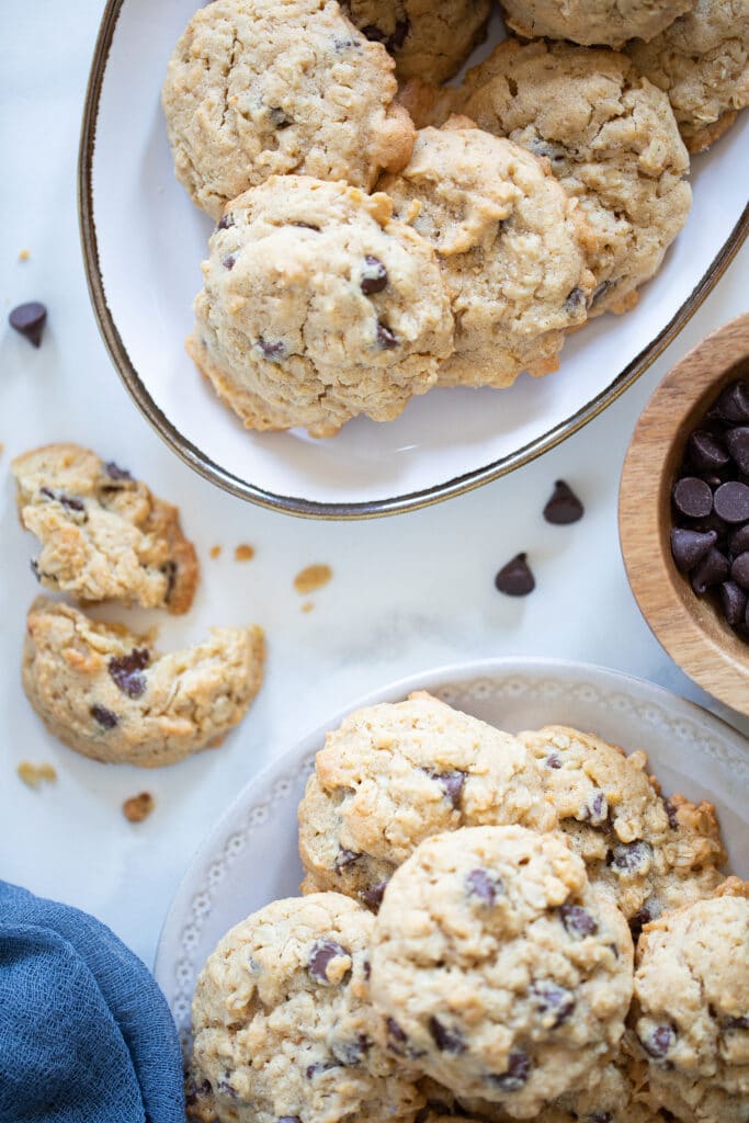 Bowls of Peanut Butter Oatmeal Chocolate Chip Cookies.