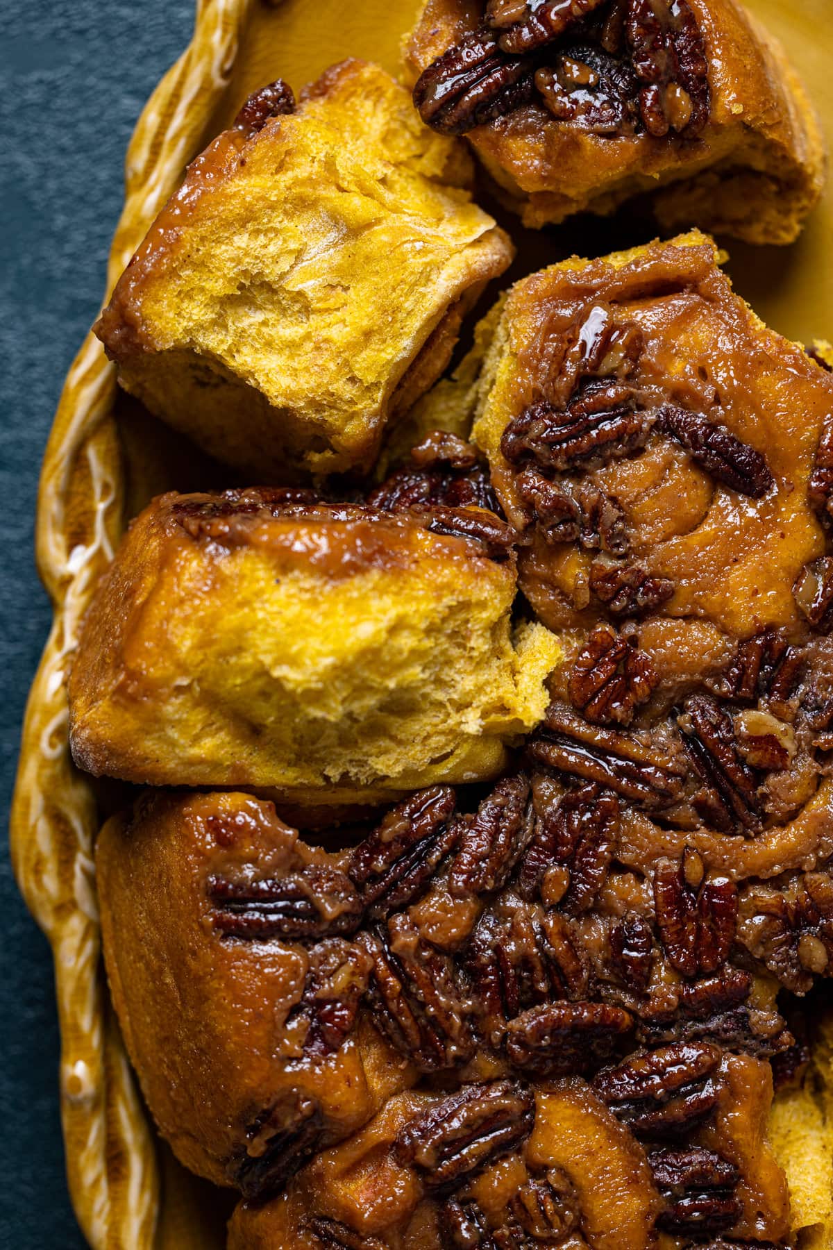 Closeup of Vegan Pumpkin Pecan Sticky Buns