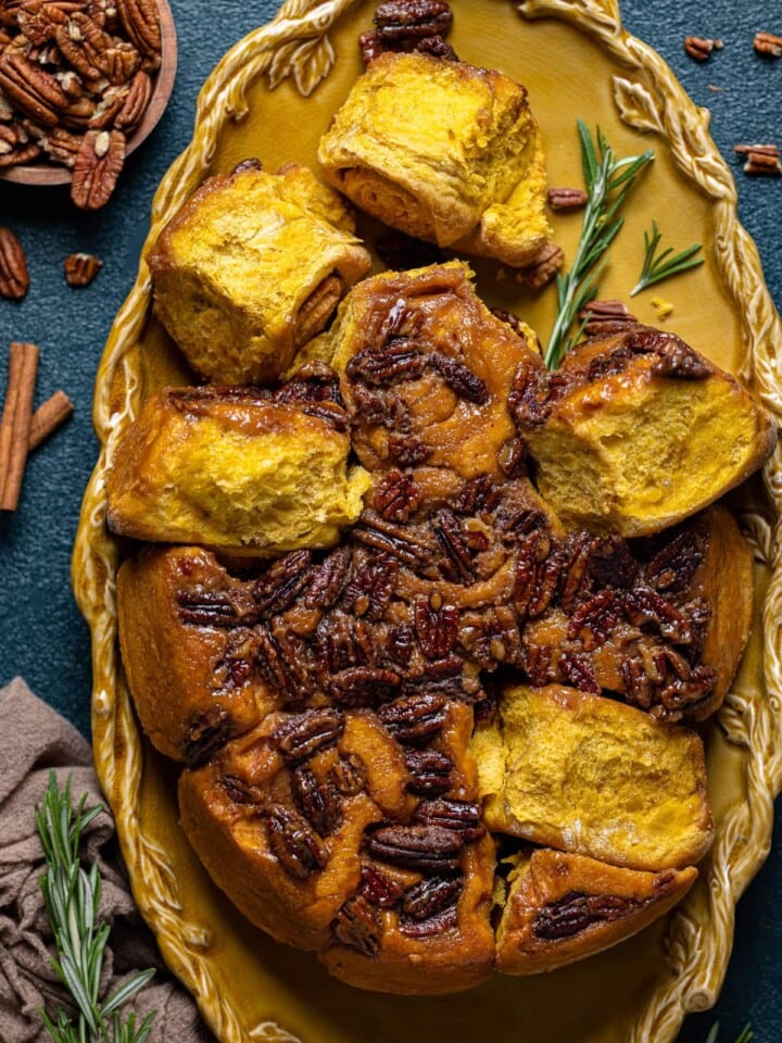 Closeup of a pan of Vegan Pecan Sticky Buns