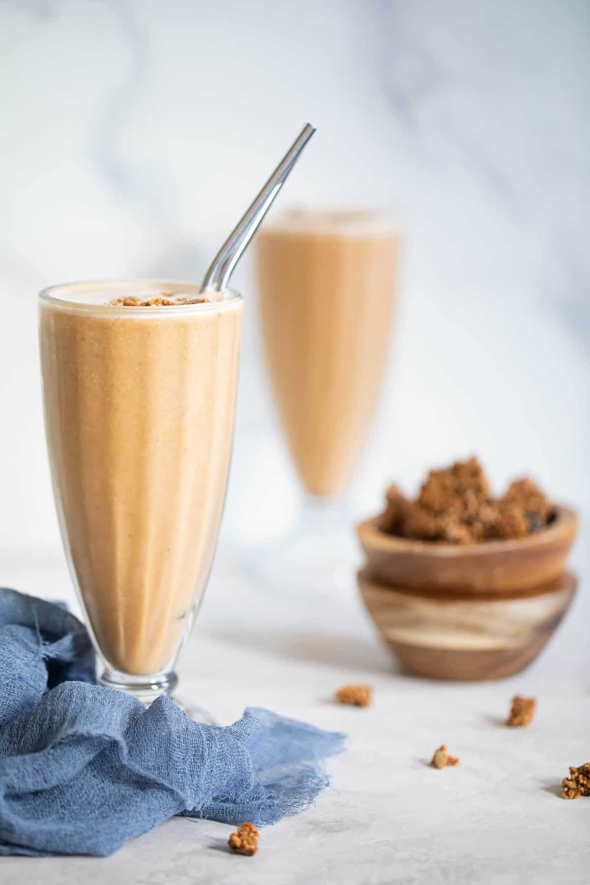 Two tall glasses of Sweet Potato Breakfast Smoothie.