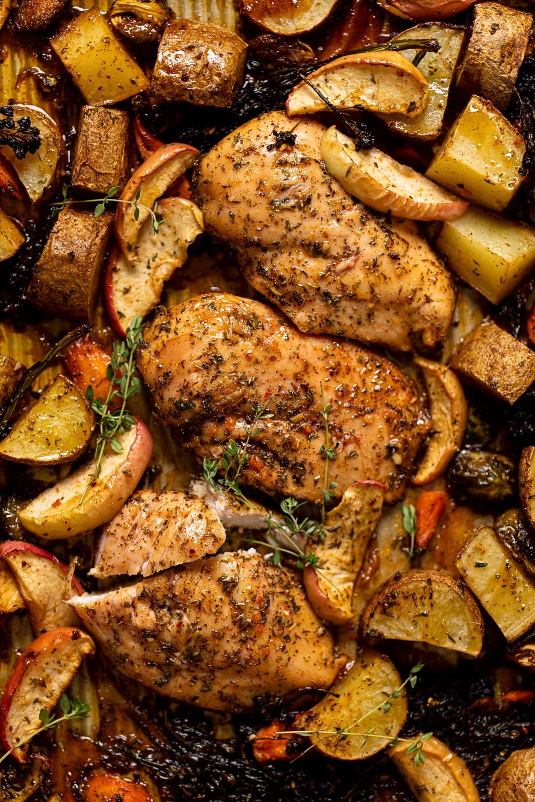 Sheet Pan of Maple Apple Chicken and Veggies.