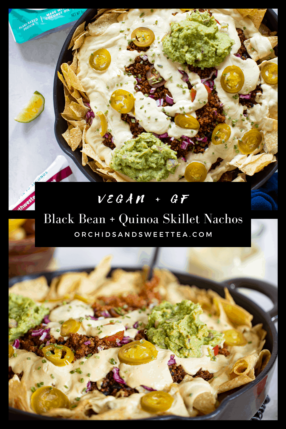 Collage with text: \"Black Bean + Quinoa Skillet Nachos.\"