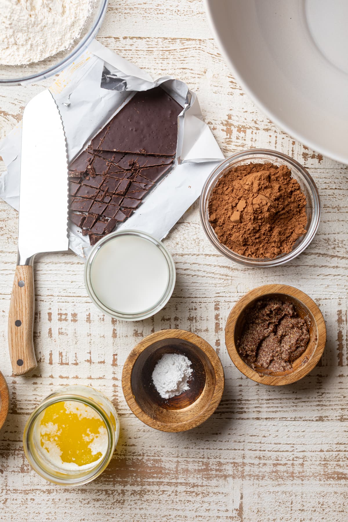 Ingredients for Extra Fudgy Vegan Brownies including vegan chocolate.