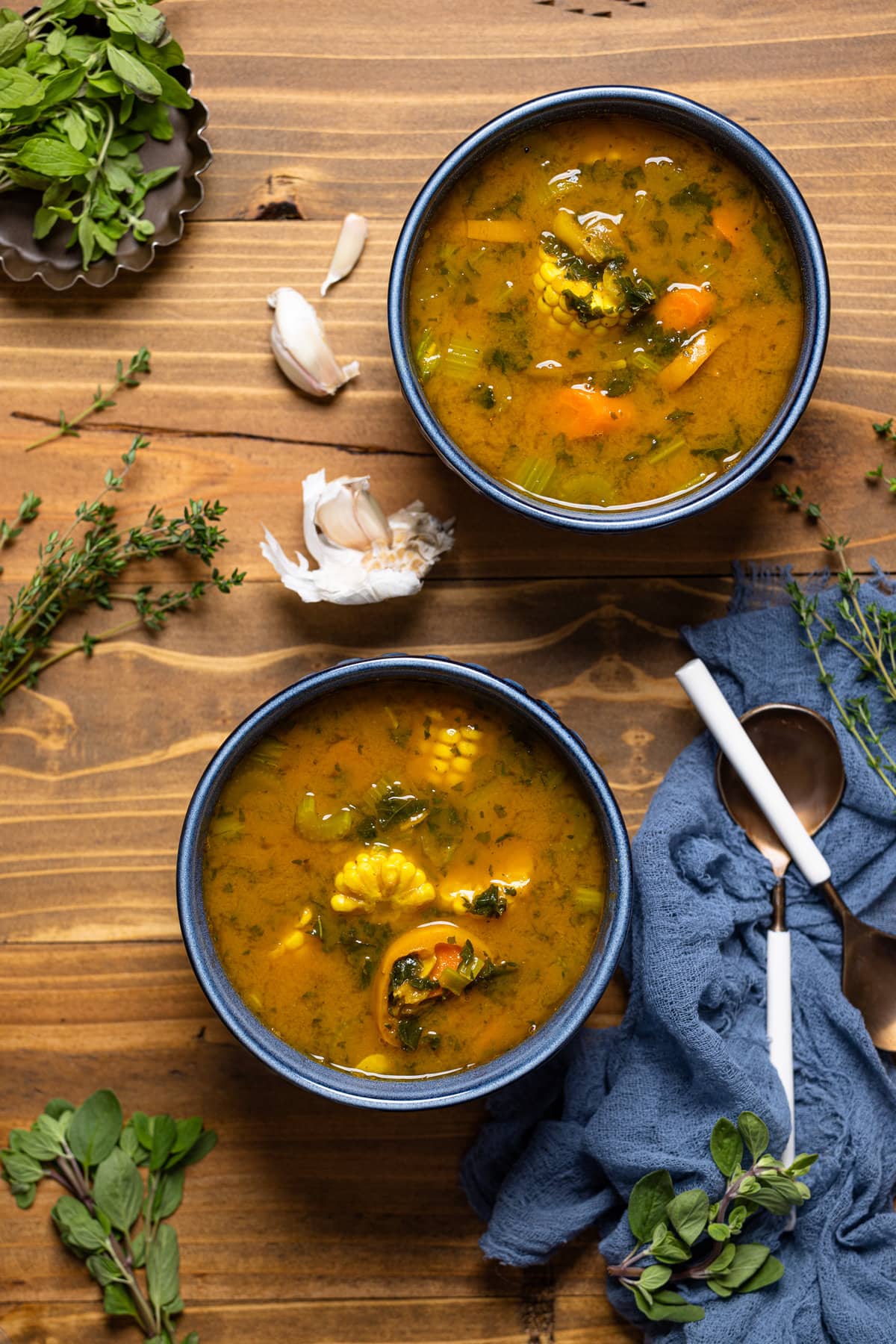 Overhead shot of two bowls of Sweet Potato Veggie Soup