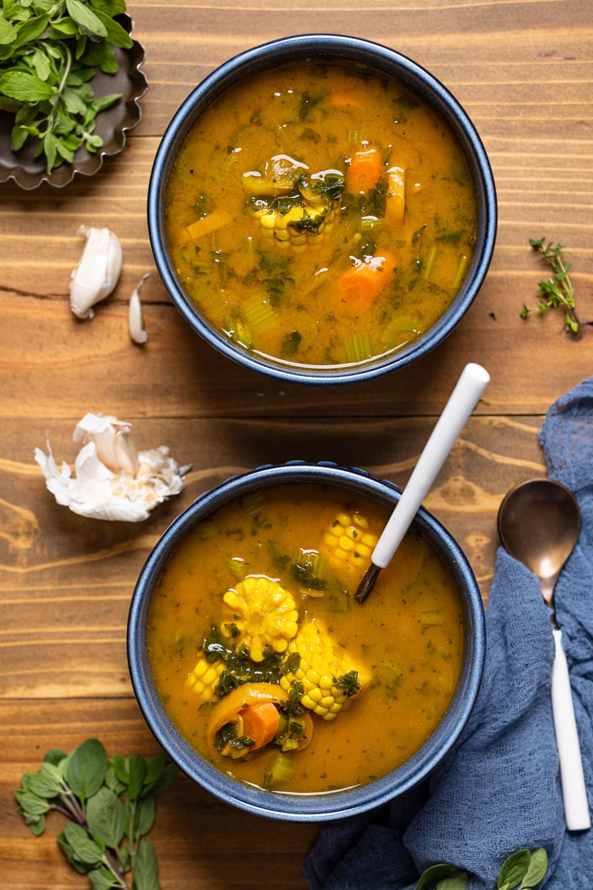 Overhead shot of two bowls of Sweet Potato Veggie Soup