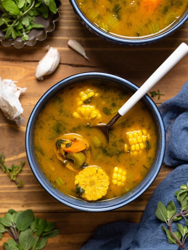 Bowl of Sweet Potato Veggie Soup with a spoon