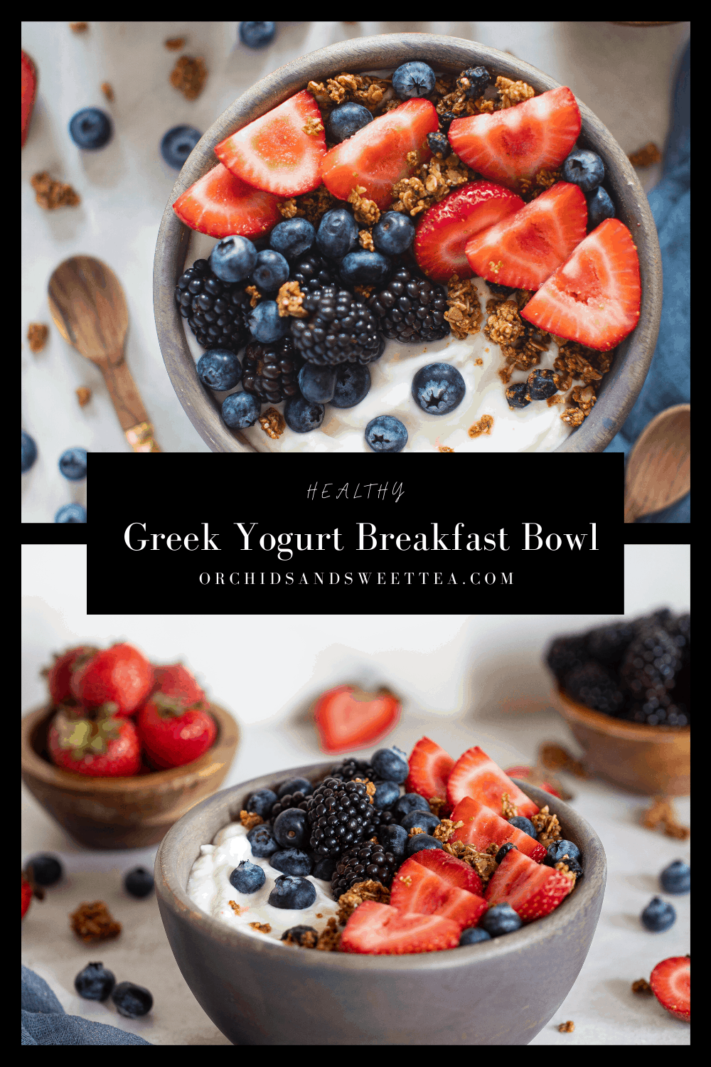 Collage with text \"Healthy Greek Yogurt Breakfast Bowl.\"