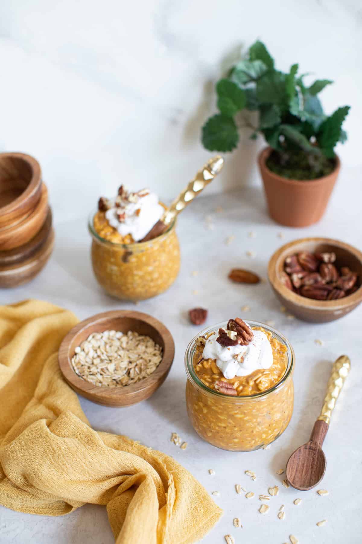 Two small jars of Pumpkin Spice Overnight Oats.