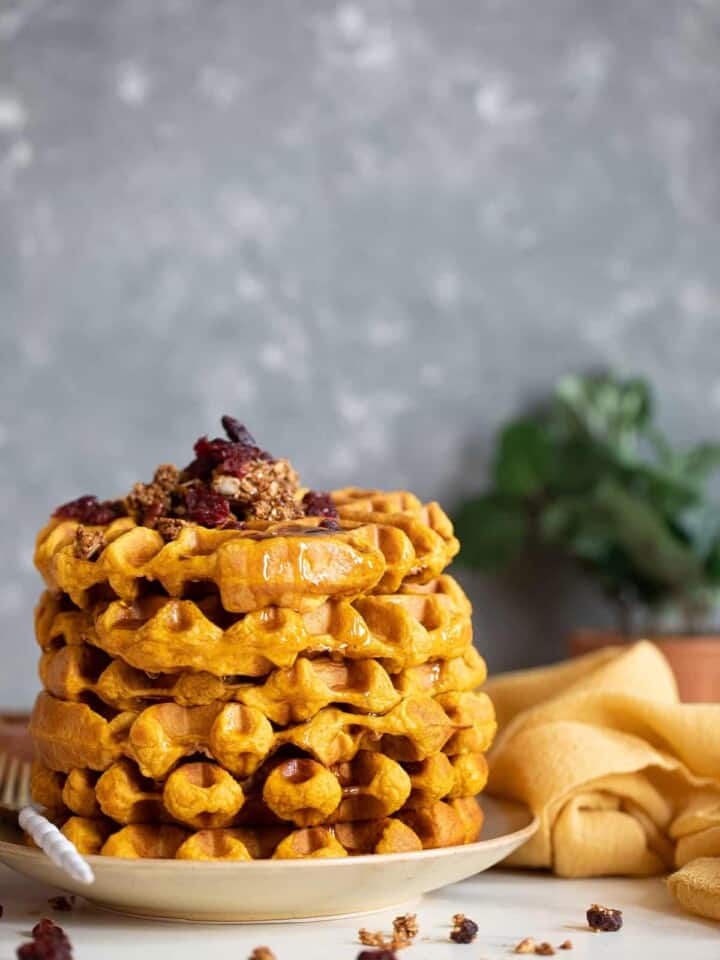 Stack of Vegan Pumpkin Spice Waffles.