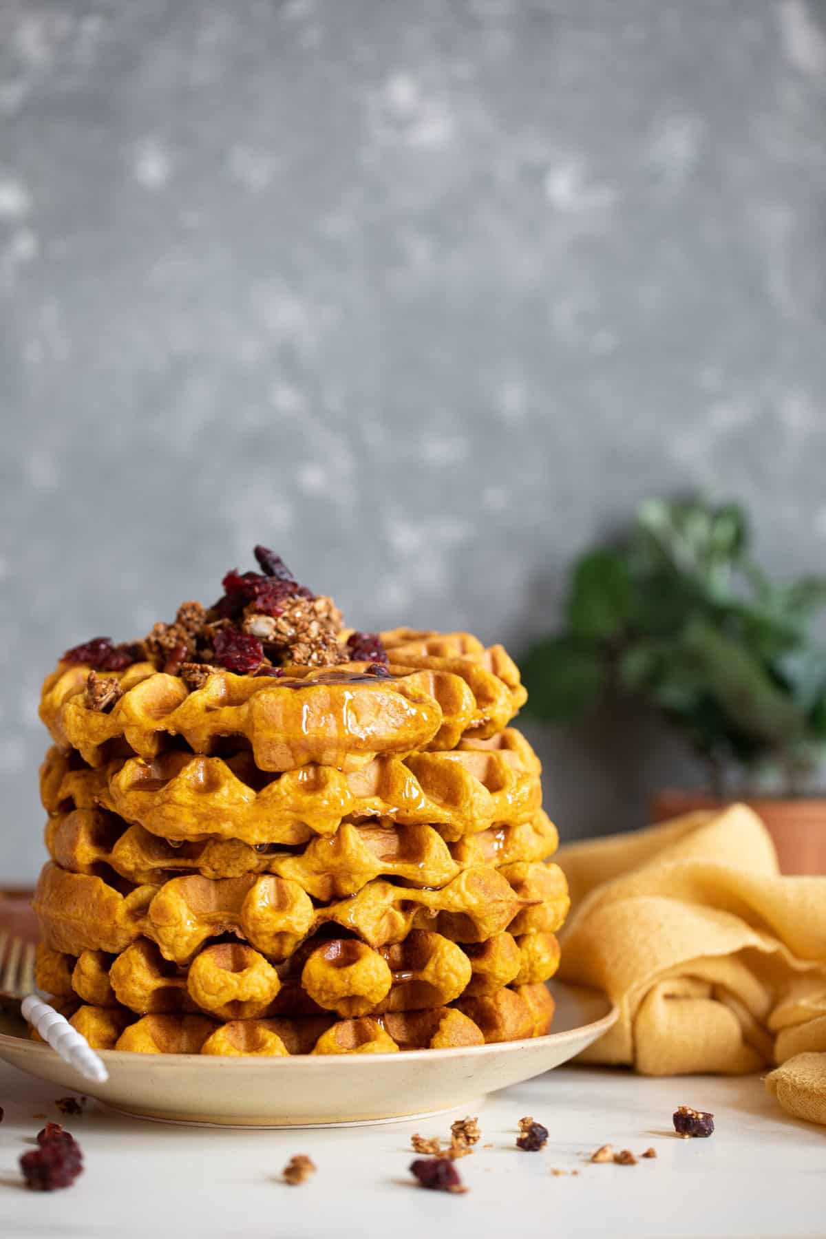 Stack of Vegan Pumpkin Spice Waffles.