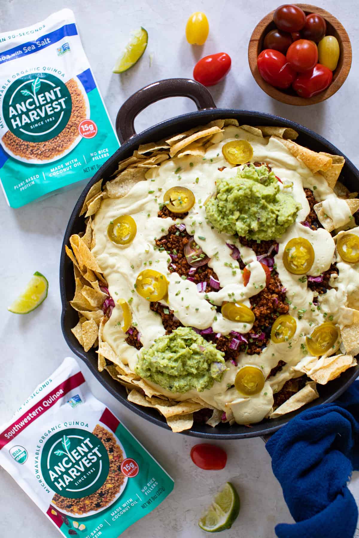 Black Bean and Quinoa Nachos in a skillet.