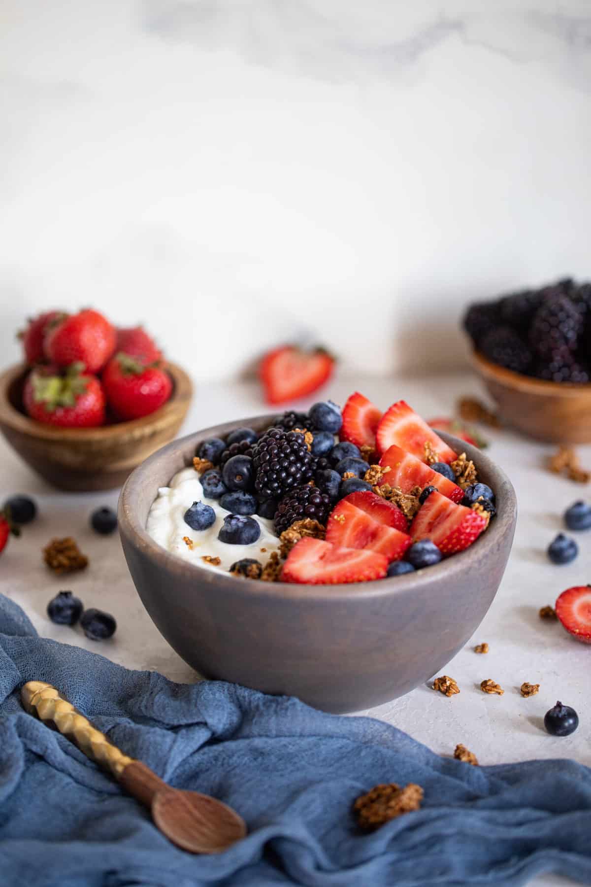 Fruit and granola atop a Greek Yogurt Breakfast Bowl.