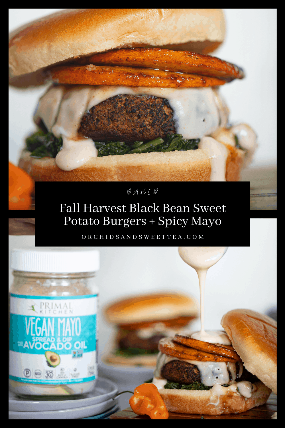 Baked Fall Harvest Black Bean Sweet Potato Burgers + Spicy Mayo