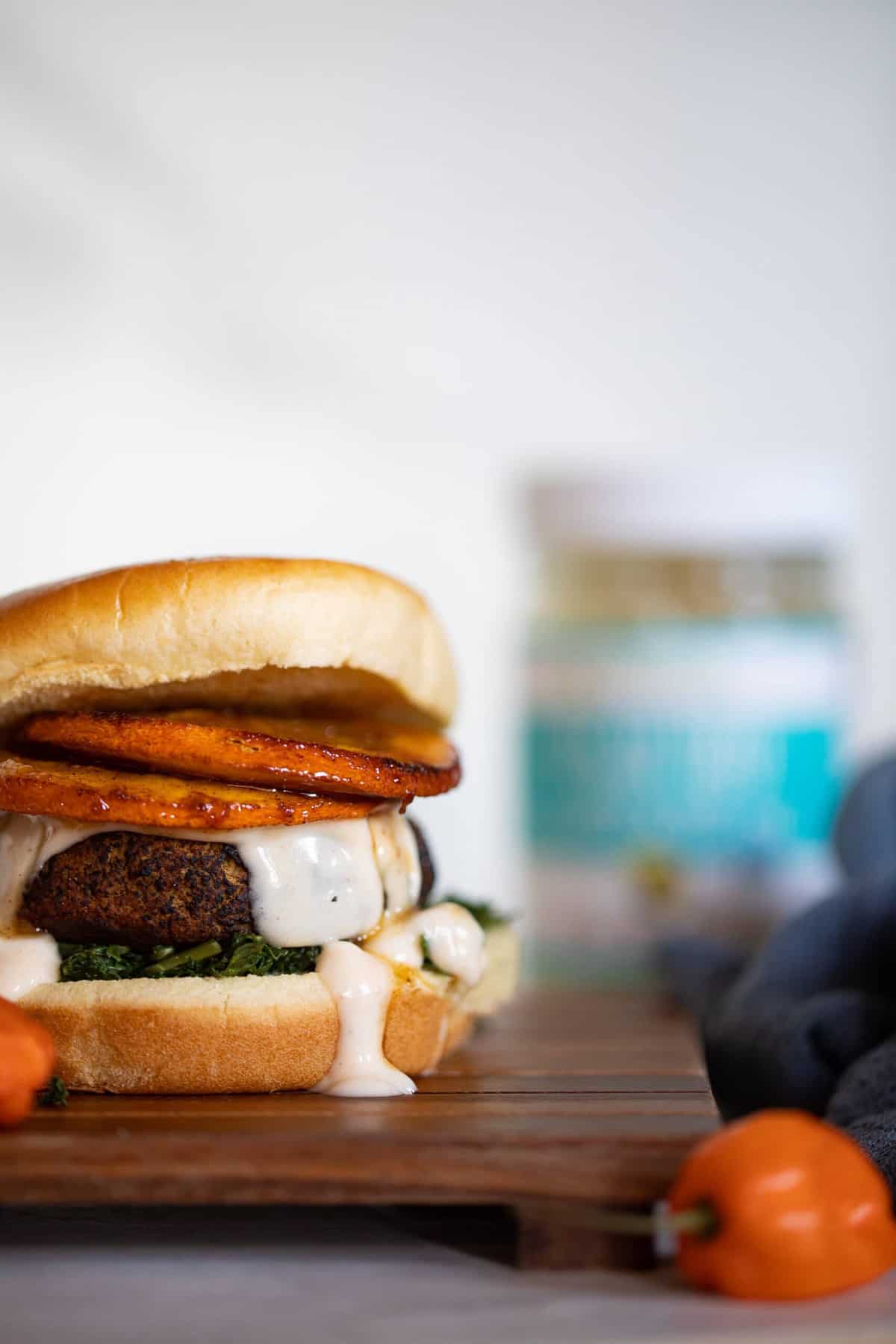 Baked Fall Harvest Black Bean Sweet Potato Burgers + Spicy Mayo