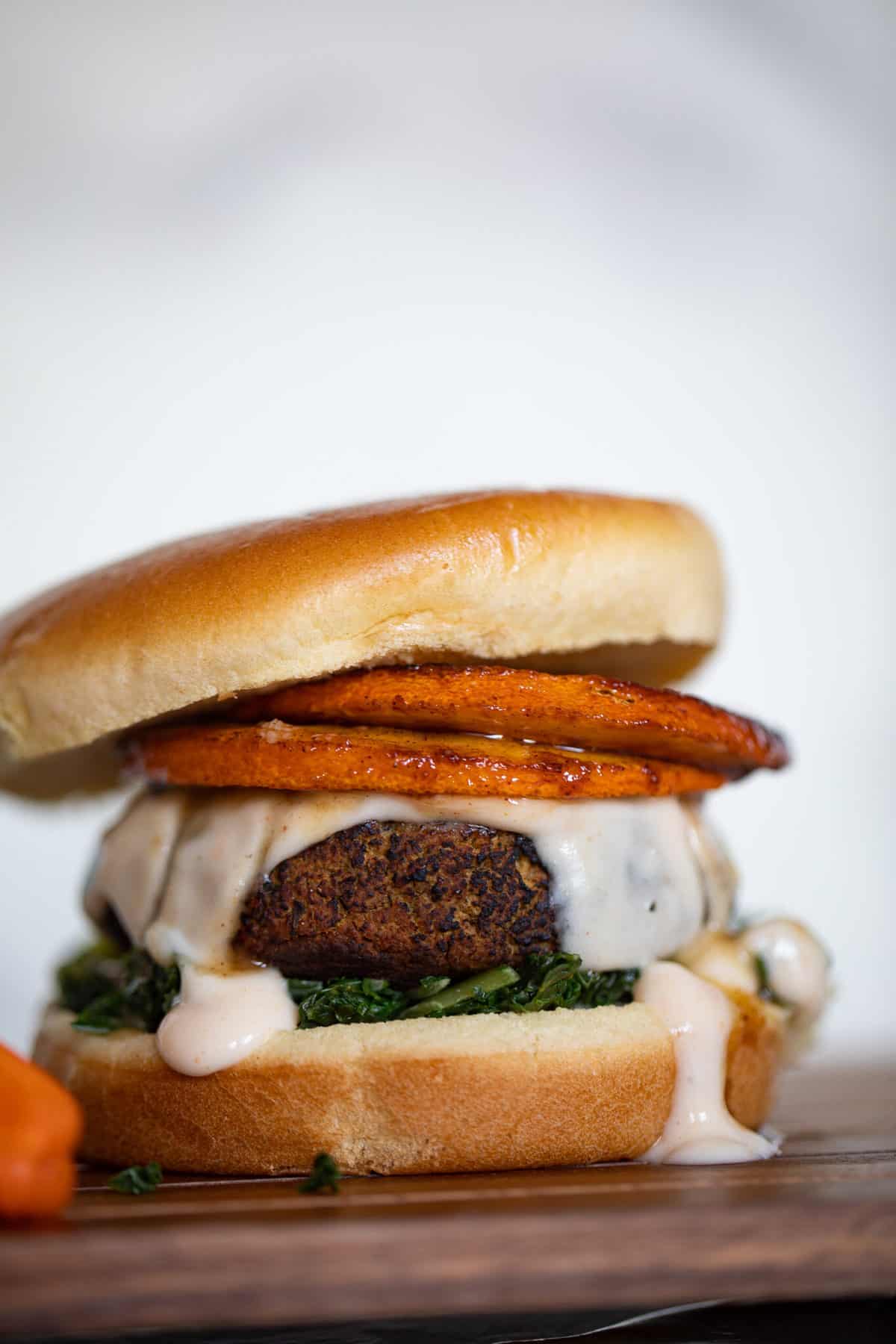 Baked Fall Harvest Black Bean Sweet Potato Burgers + Spicy Mayo
