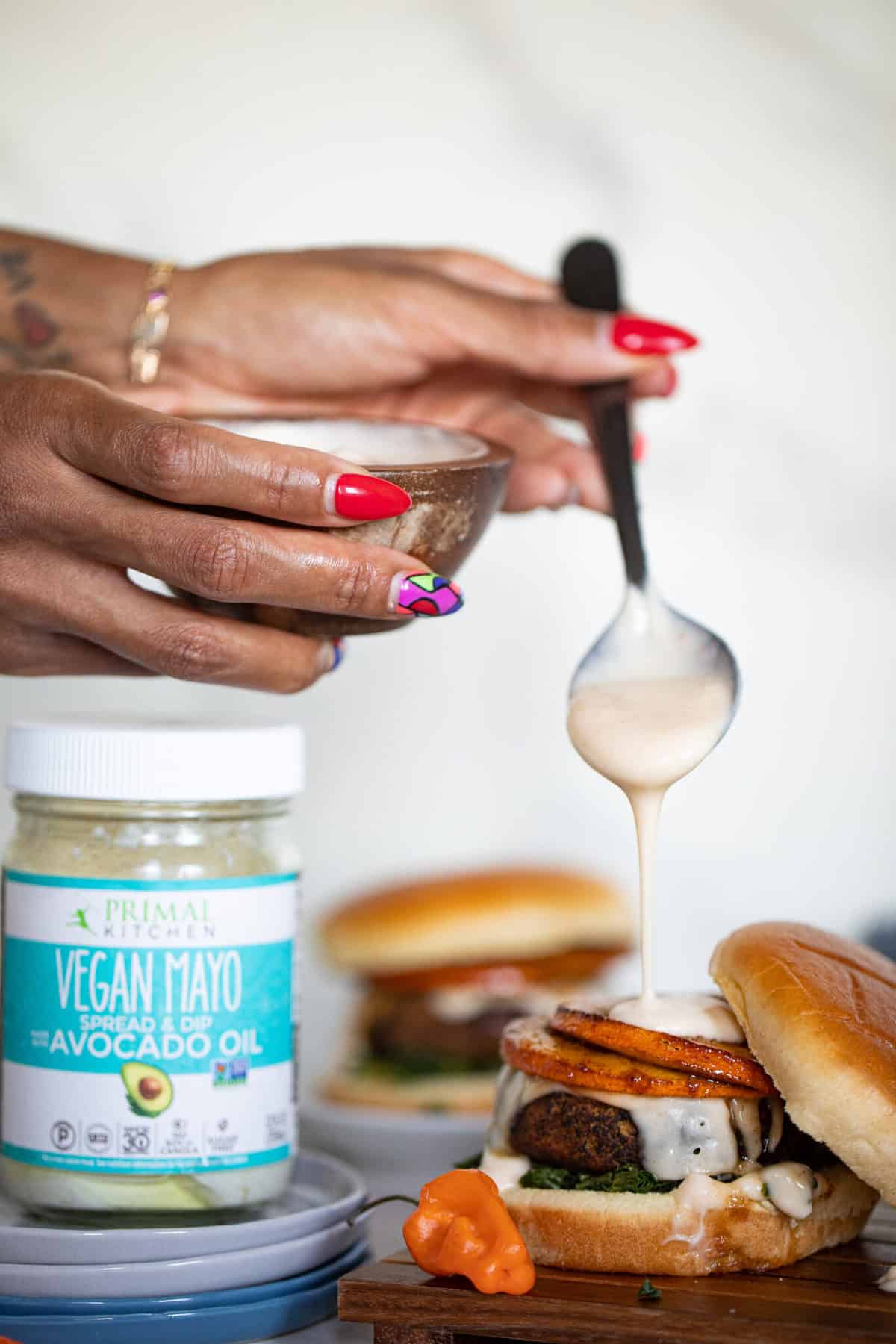 Baked Fall Harvest Black Bean Sweet Potato Burgers + Spicy Mayo