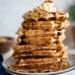 Stack of Maple Brown Butter Banana Waffles.