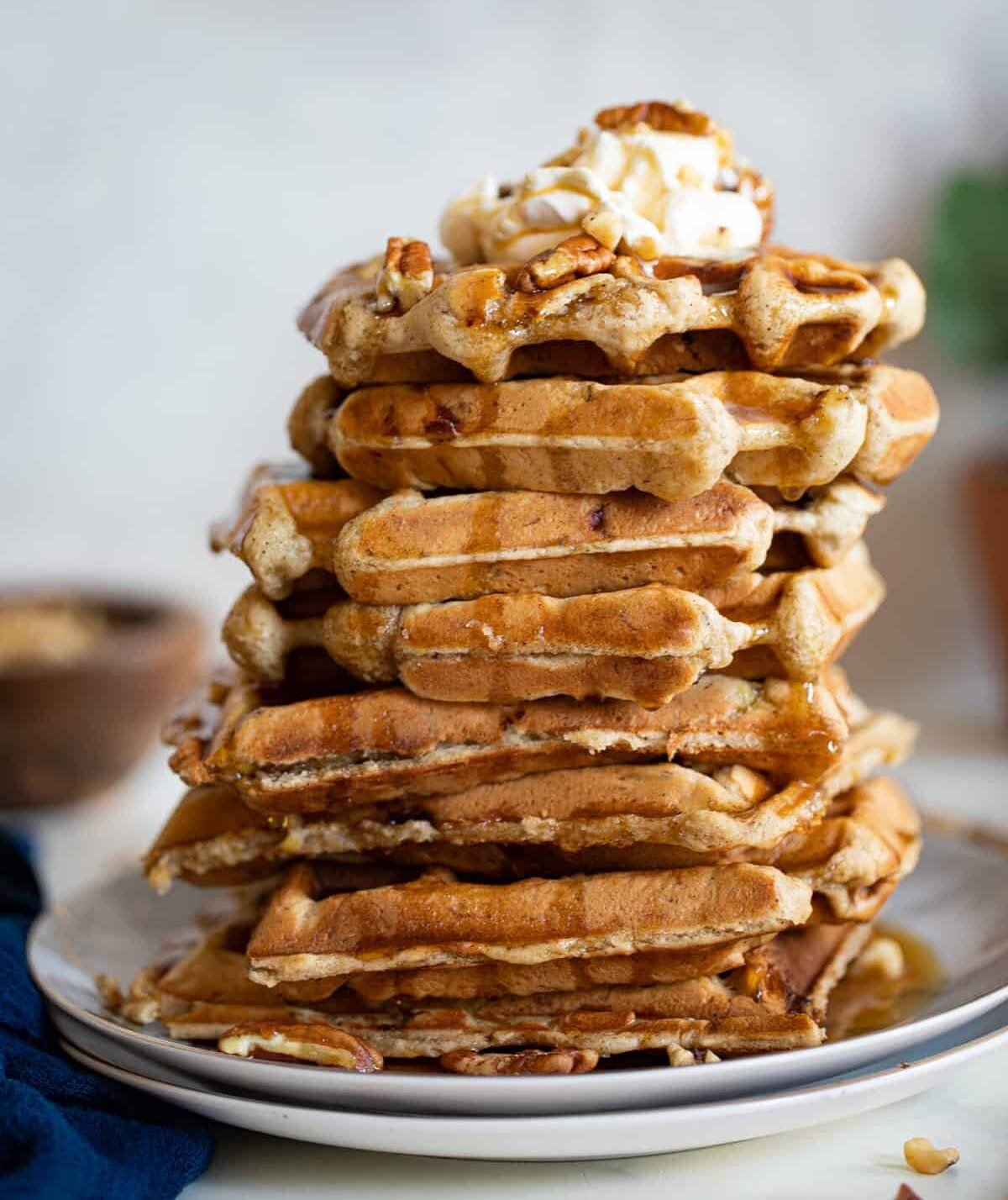Stack of Maple Brown Butter Banana Waffles.