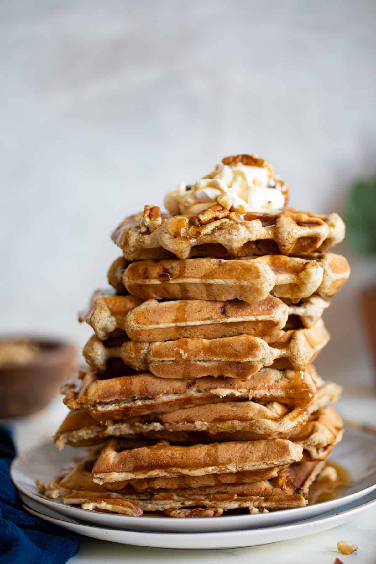 Stack of Maple Brown Butter Banana Waffles.