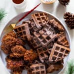 Plate of Hot Honey Chicken and Chocolate Waffles.