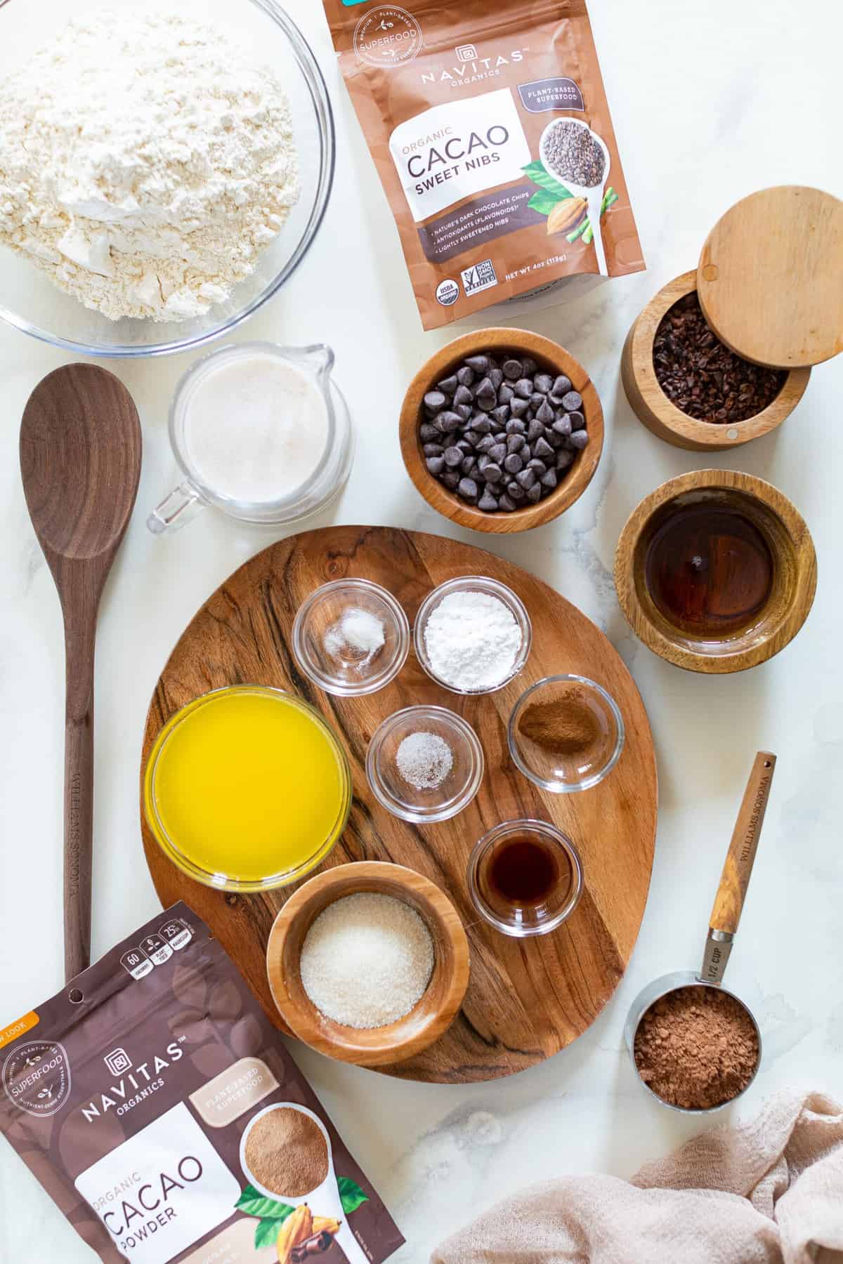 Ingredients for Vegan Chocolate Bread including Navitas Cacao nibs and Cacao powder.