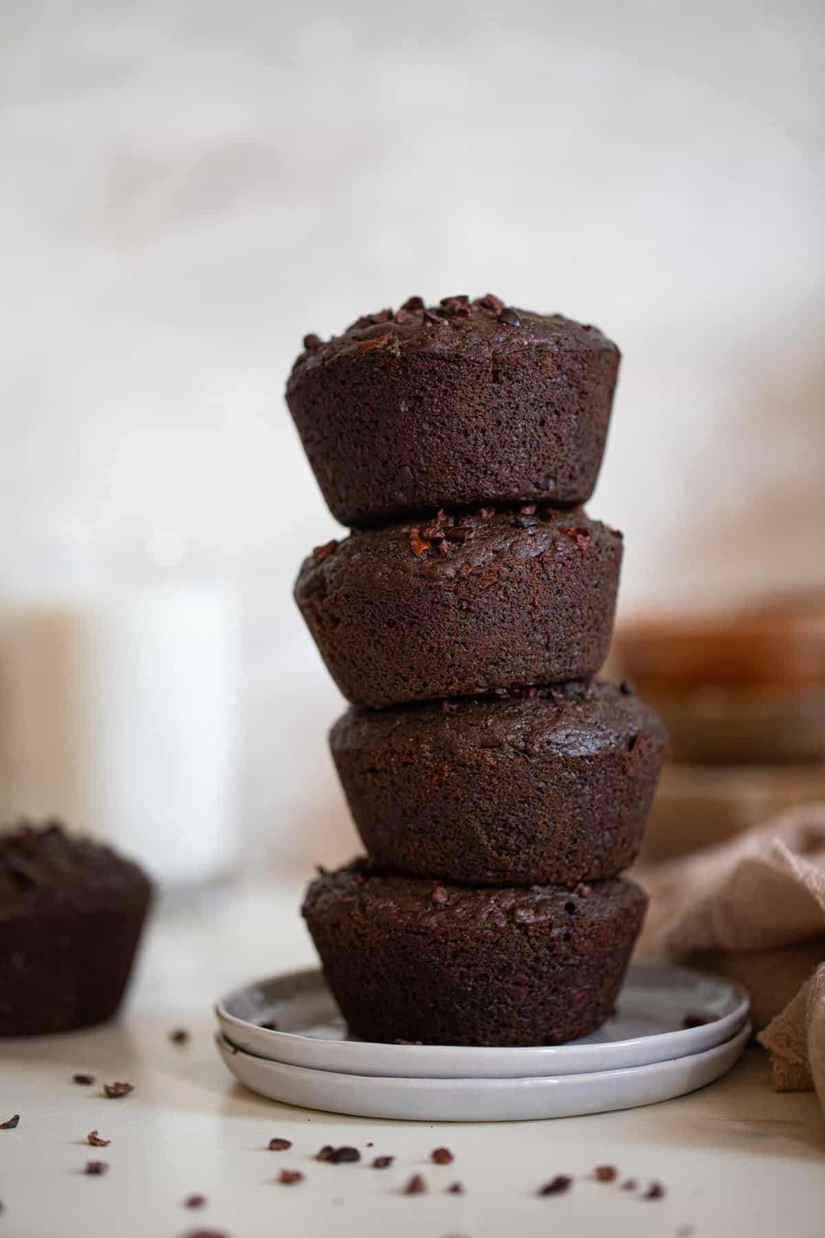 Stack of Vegan Double Chocolate Muffins.