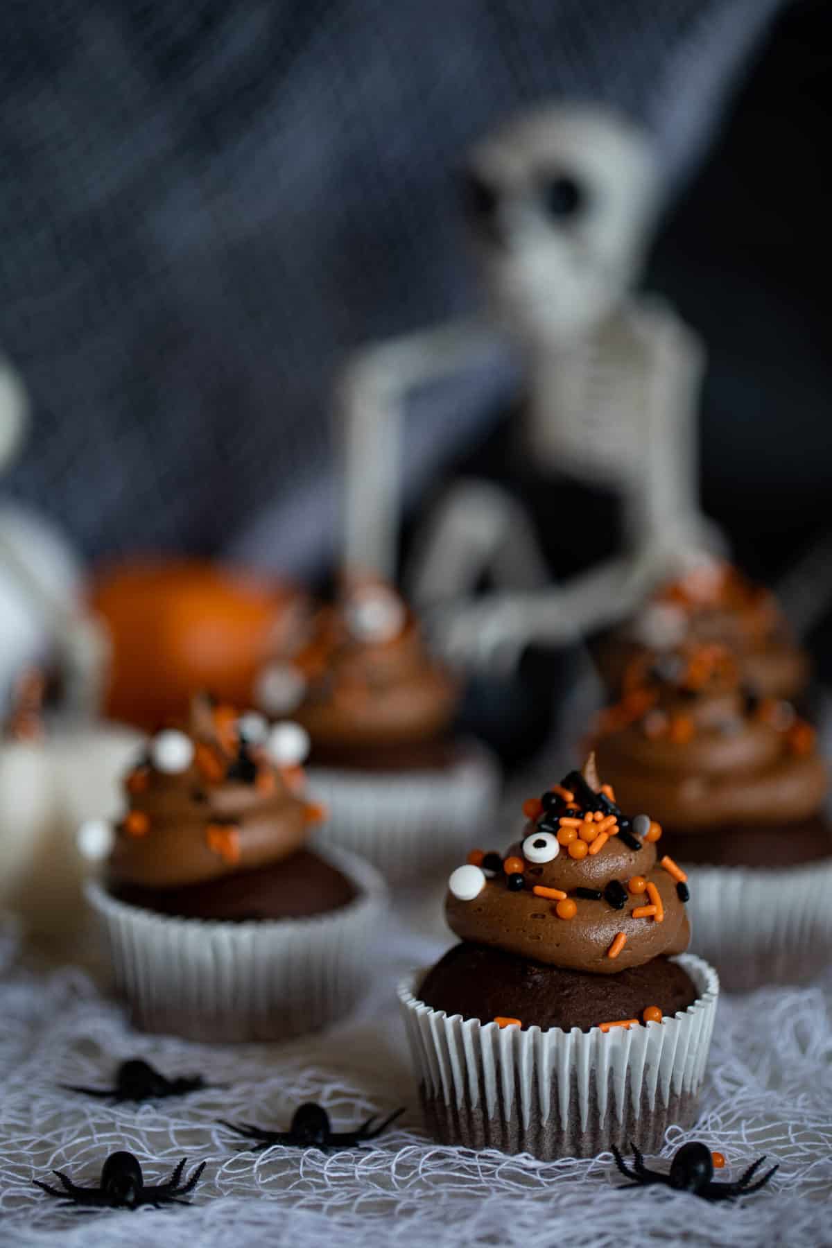 Spooky Double Chocolate Cupcakes on a decorative spider\'s web.