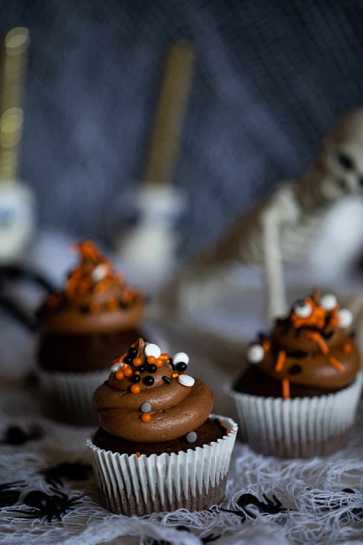 Spooky Double Chocolate Cupcakes with eye sprinkles.