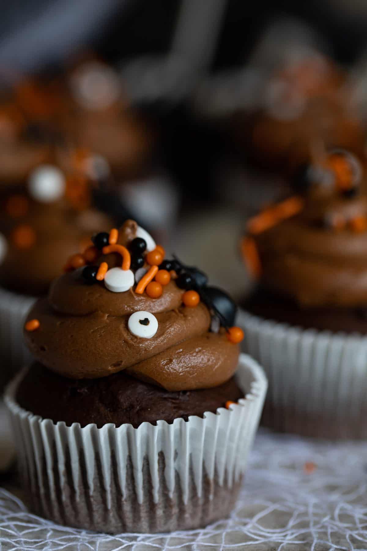 Sprinkles atop Spooky Double Chocolate Cupcakes.