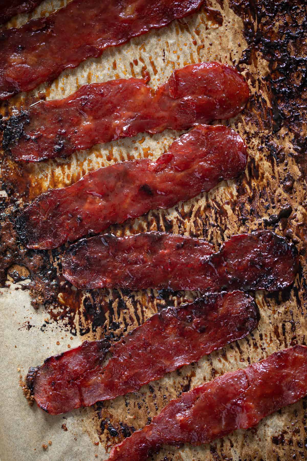 Candied Bacon on a baking sheet.