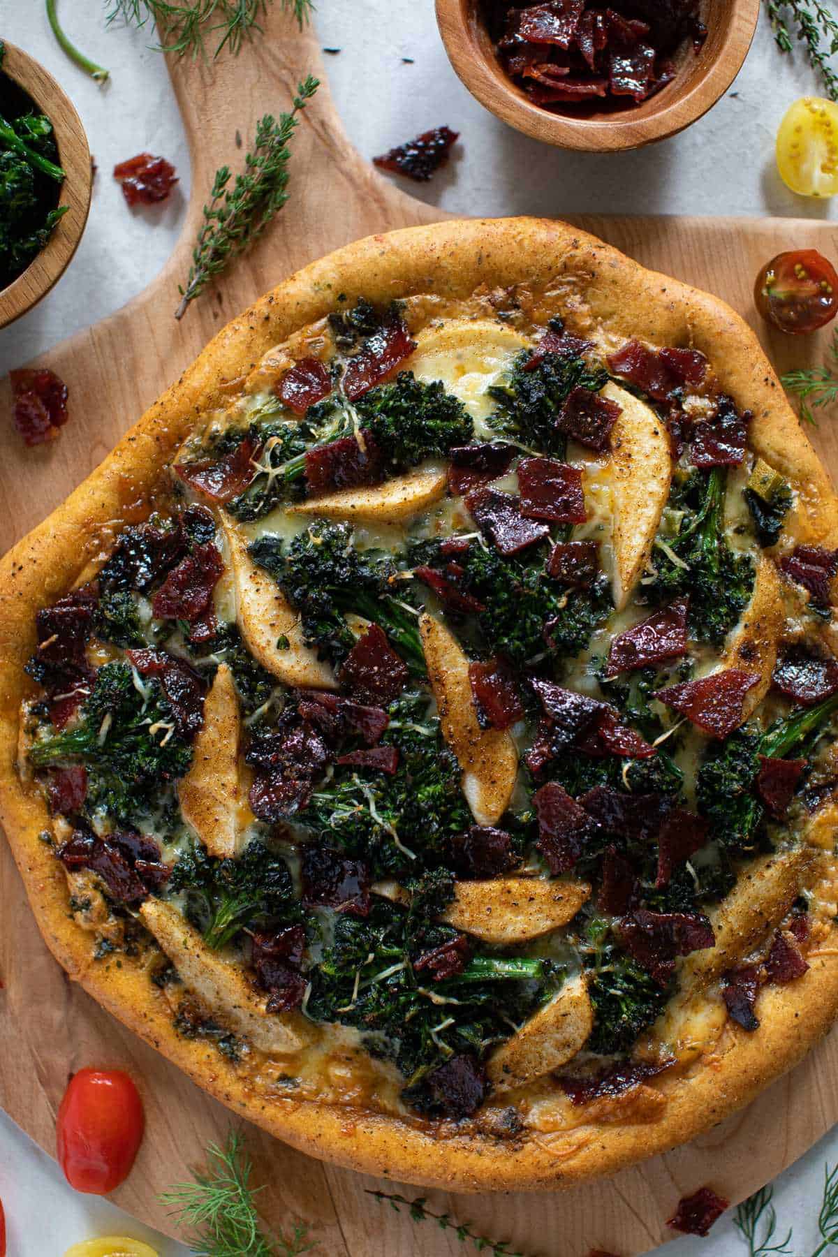 Fall Harvest Pizza on a wooden board.