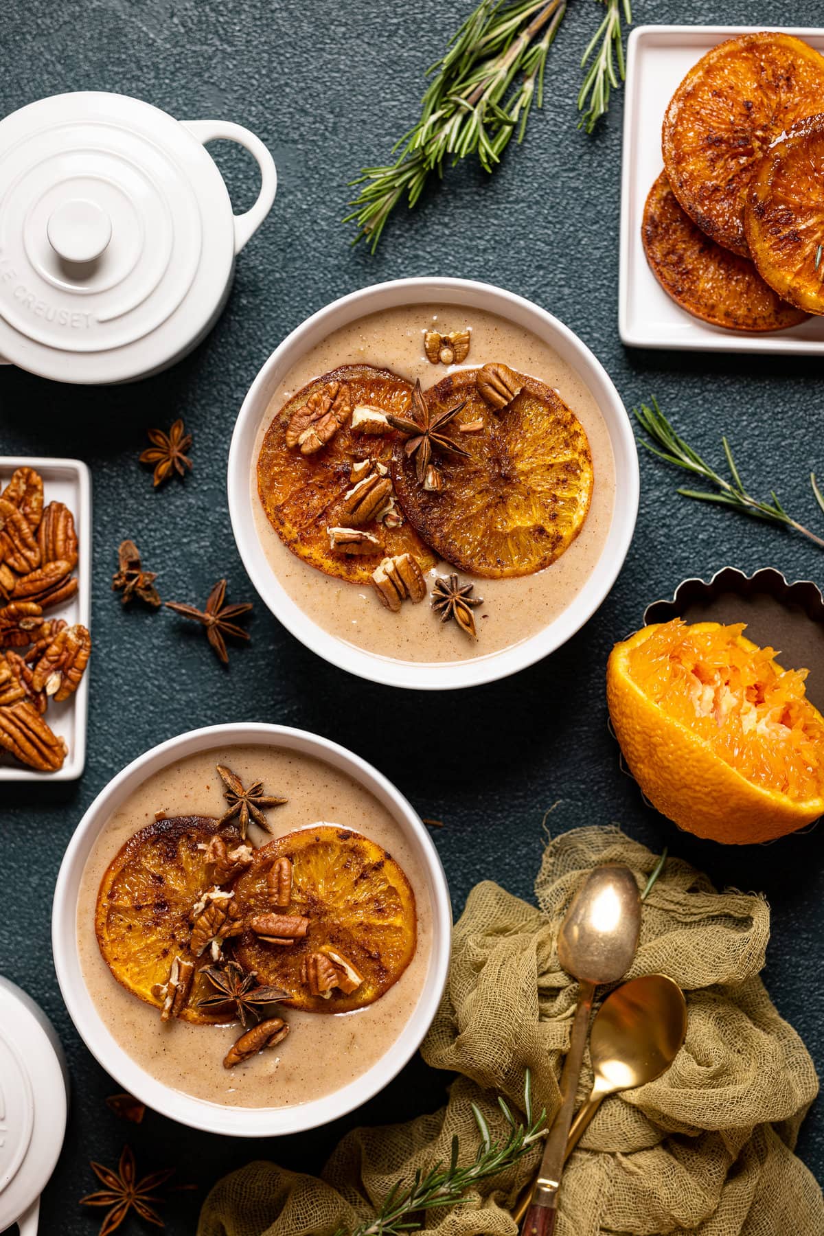 Two bowls of Maple Cinnamon Oatmeal with Roasted Oranges