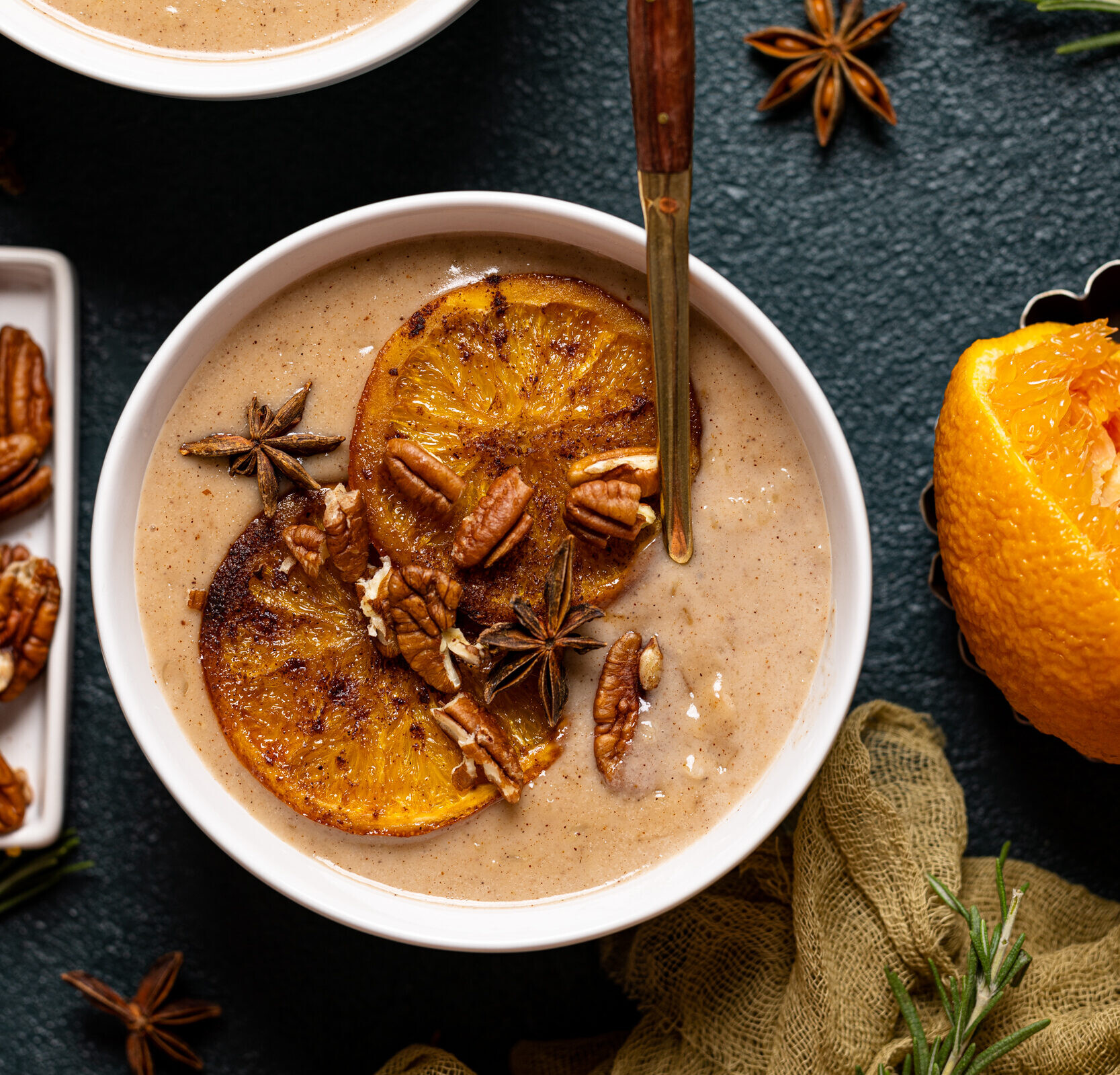 Closeup of a bowl of Maple Cinnamon Oatmeal with Caramelized Oranges