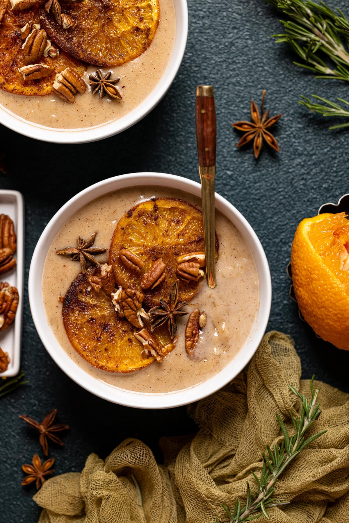 Closeup of a bowl of Maple Cinnamon Oatmeal with Caramelized Oranges