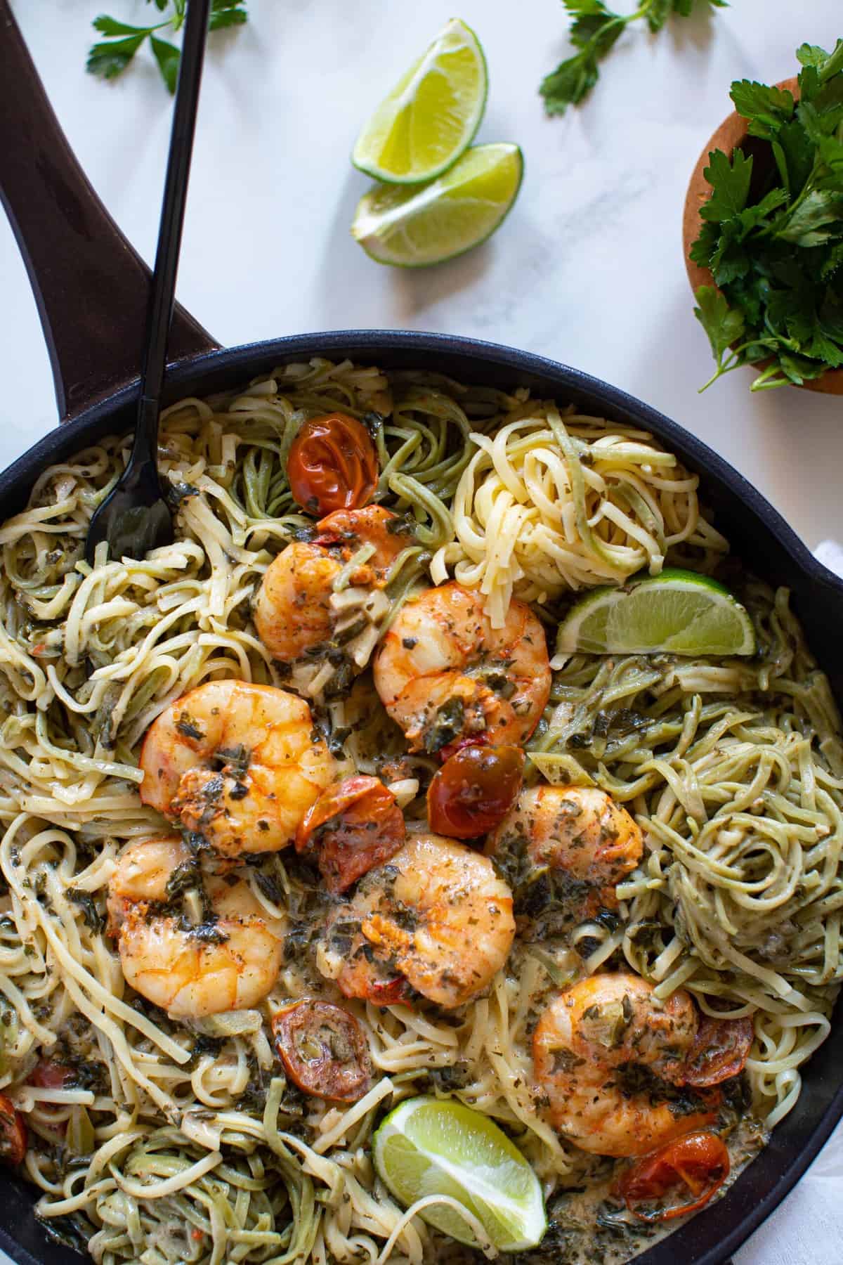 Gluten-Free Coconut Lime Shrimp Pasta in a skillet.