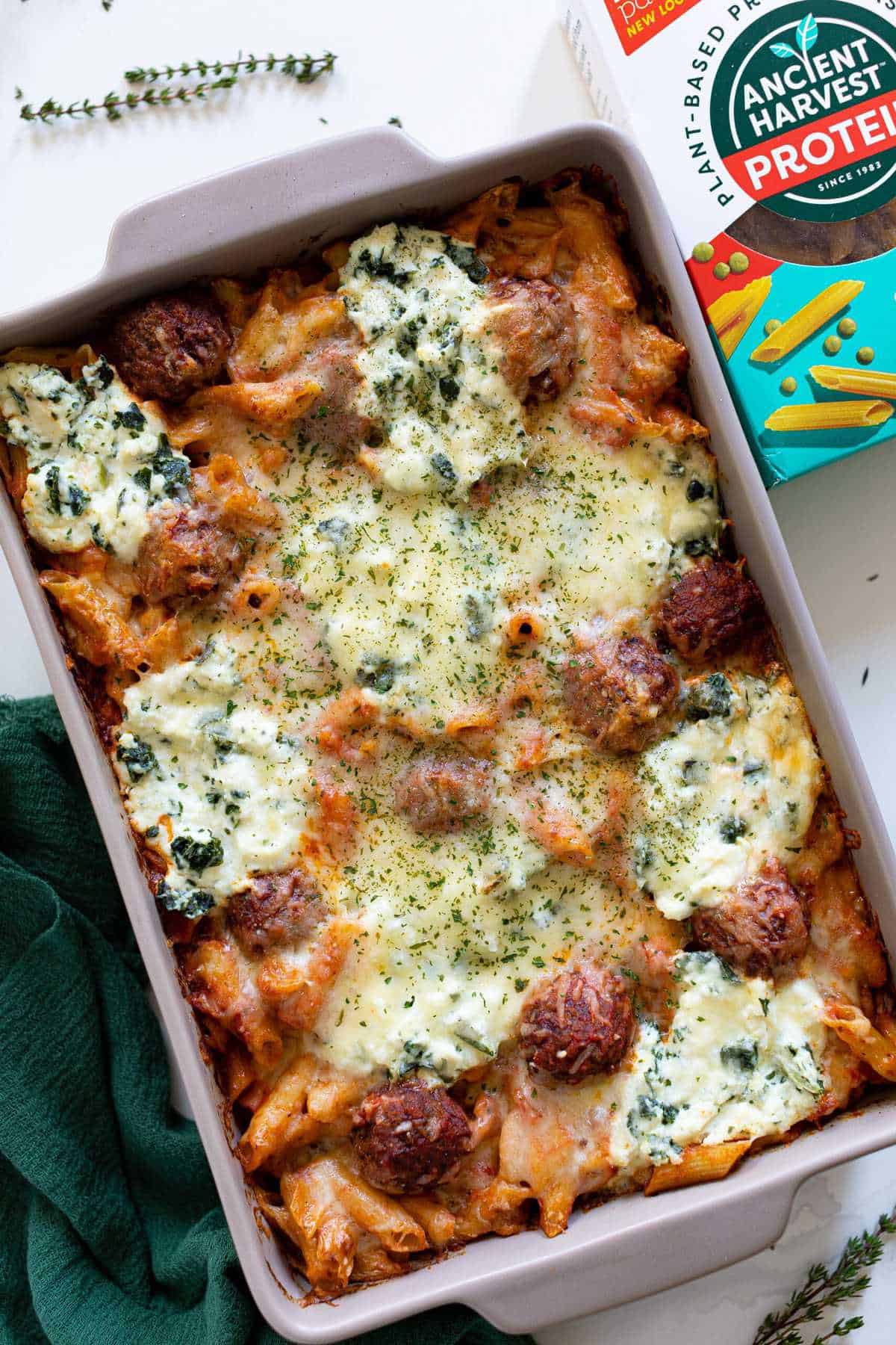 Gluten-free Baked Meatball Penne Pasta Casserole in a baking dish.