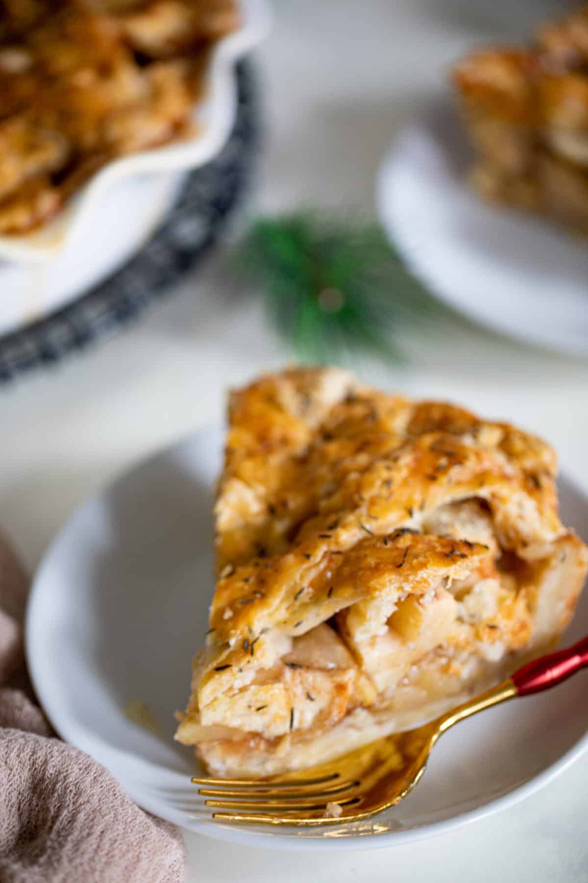 Small white plate with a slice of Apple Cheddar Thyme Pie.