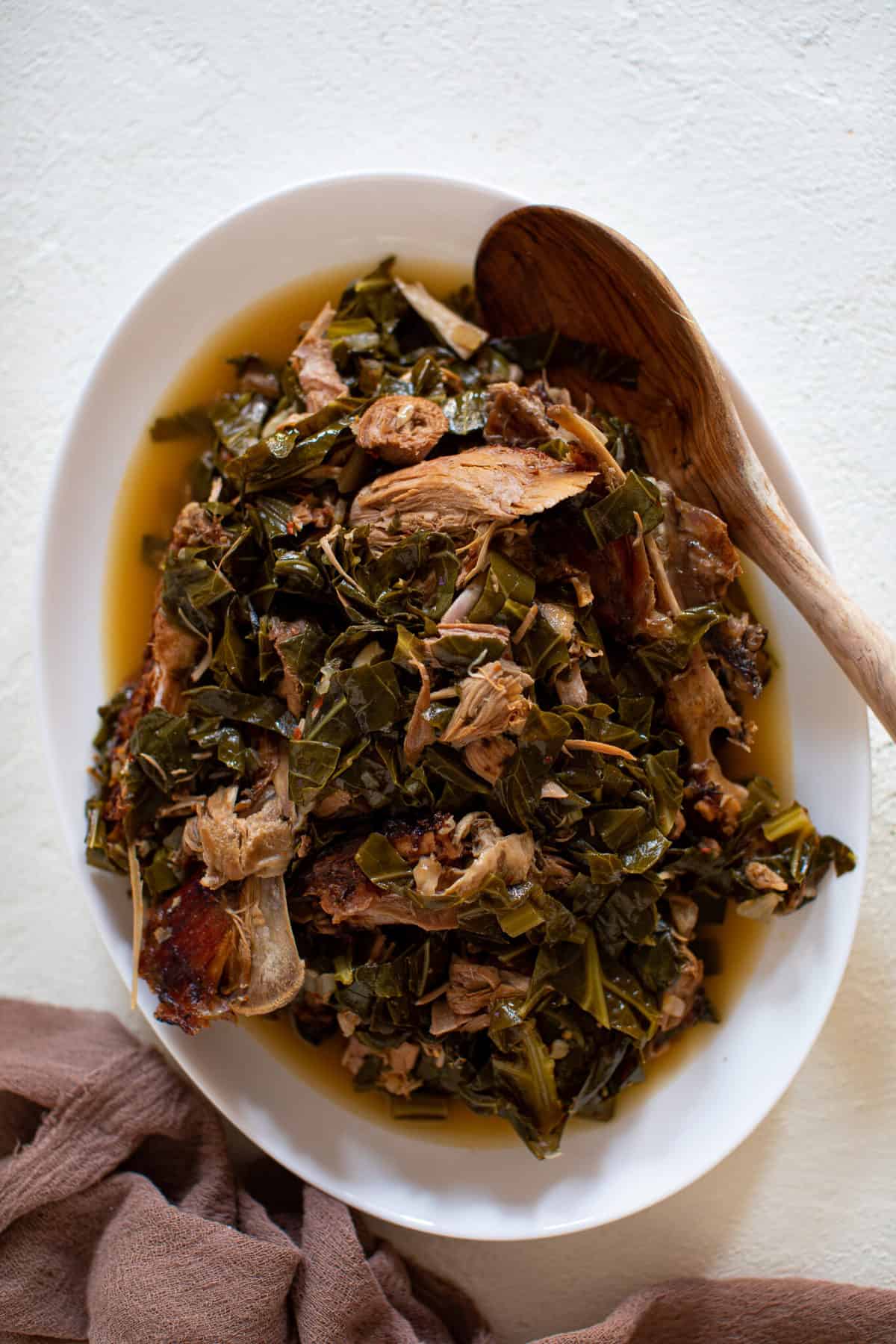 Overhead shot of Leftover Turkey Southern Collard Greens 