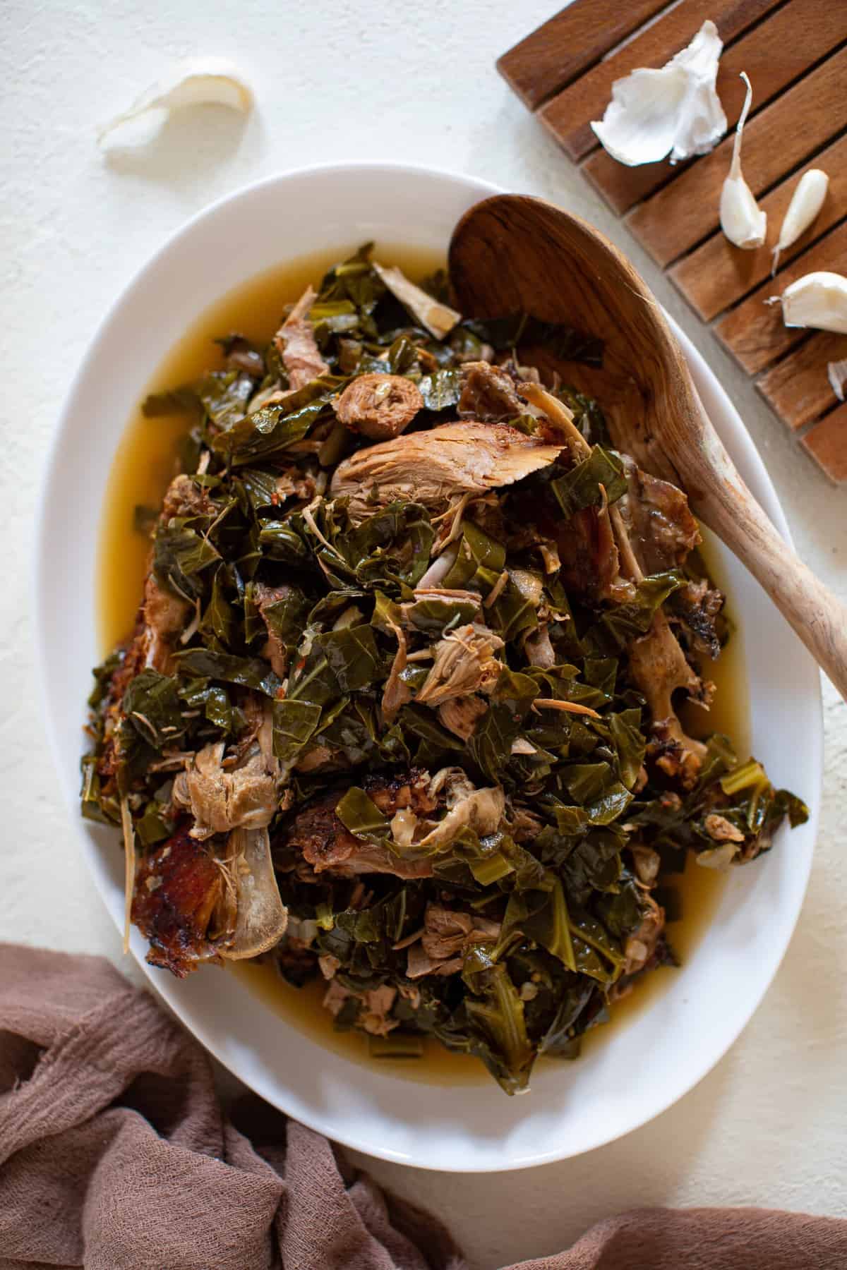 Serving platter of Leftover Turkey Southern Collard Greens 