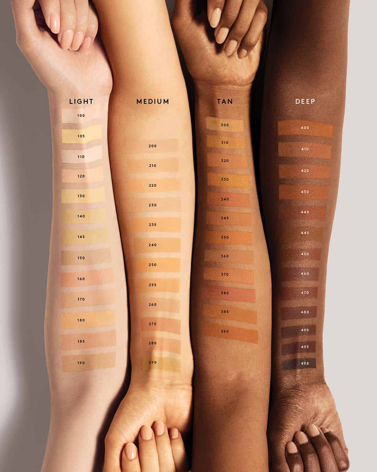 Four arms with different skin tones displaying various foundation colors.