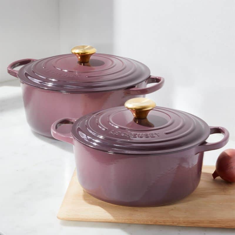 Deep-purple colored Le Creuset cookware.