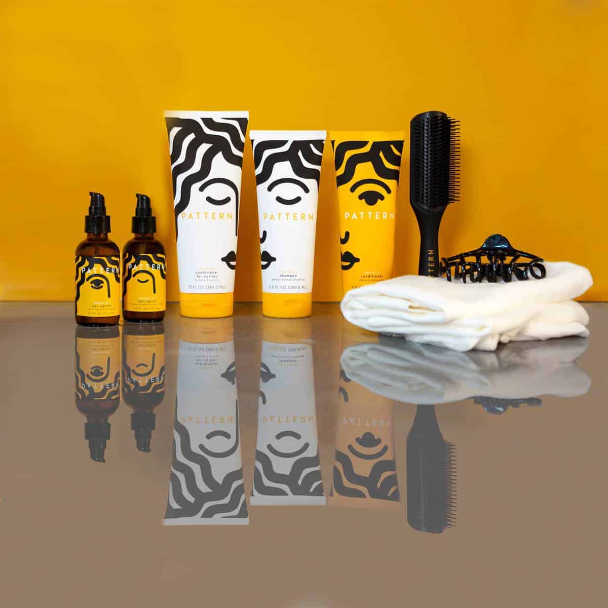 Set of Pattern Beauty products in yellow containers.