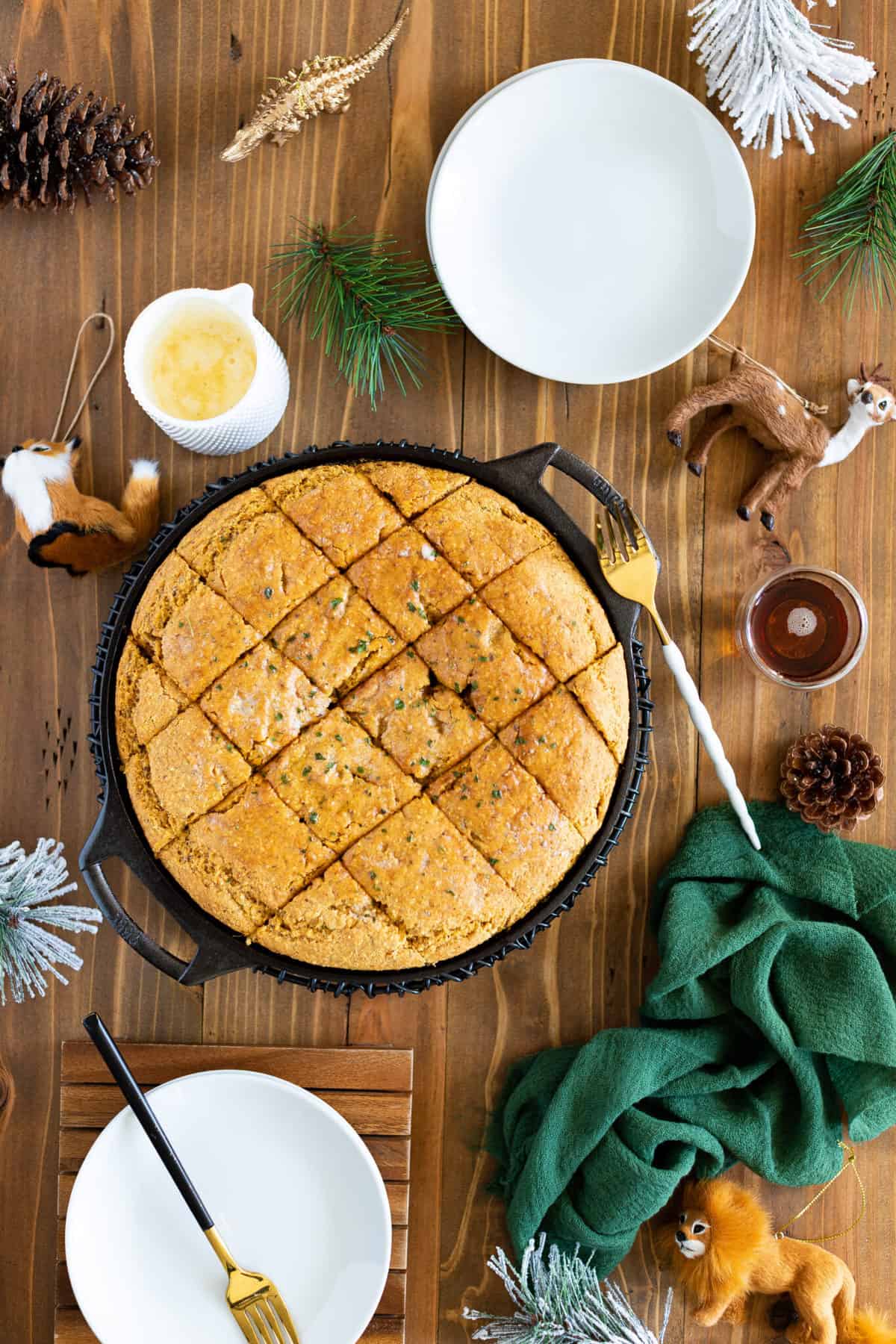 Vegan Sweet Potato Maple Herb Cornbread in a skillet.