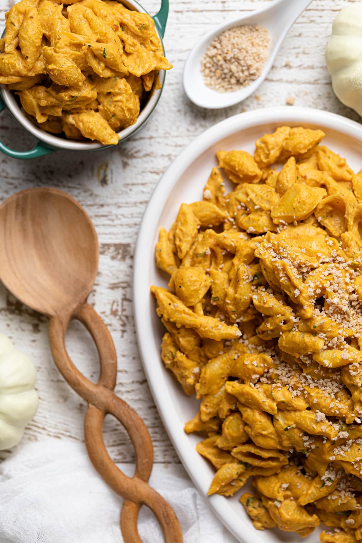 Serving platter of Vegan Pumpkin Mac and Cheese