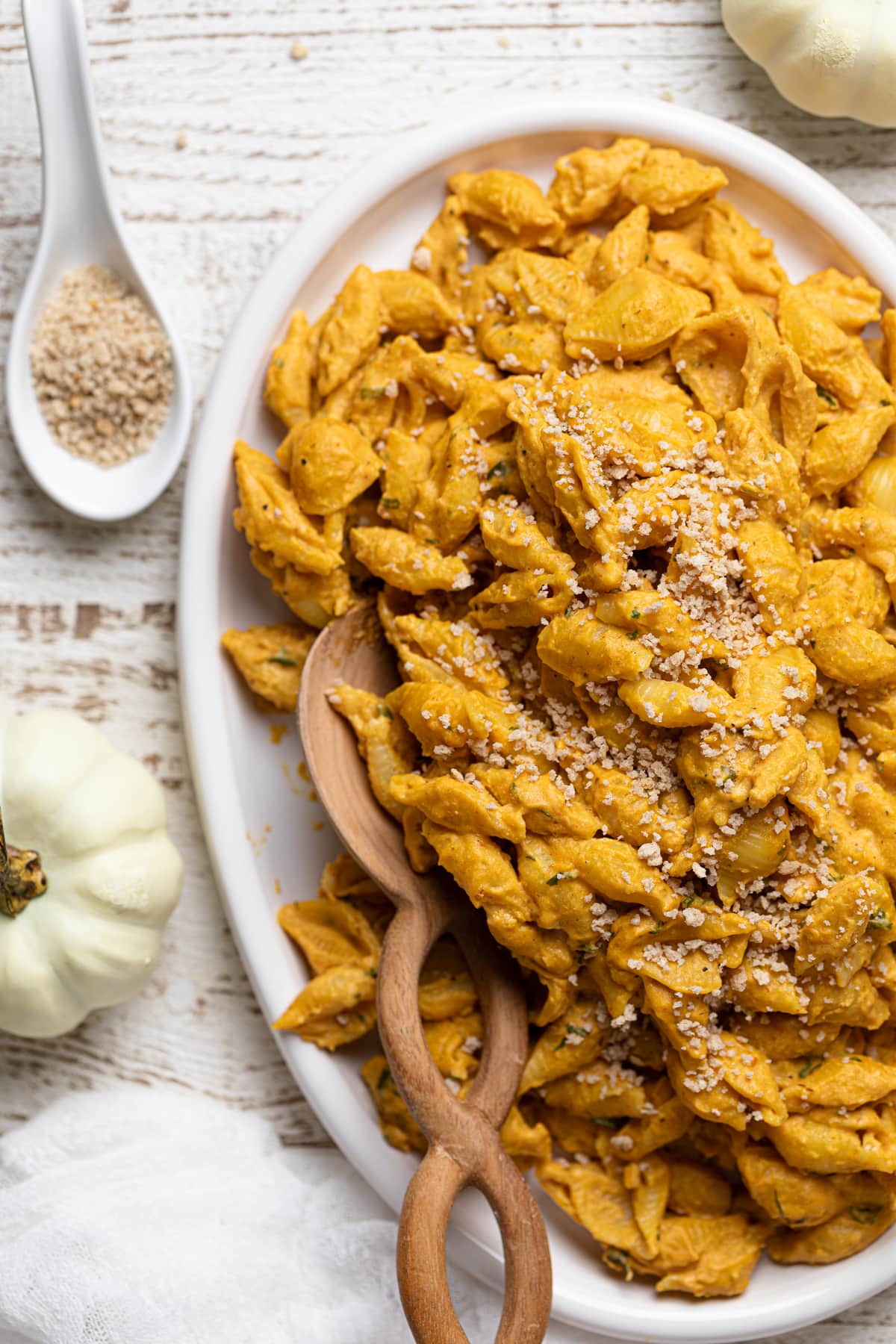 Serving platter of Vegan Pumpkin Mac and Cheese