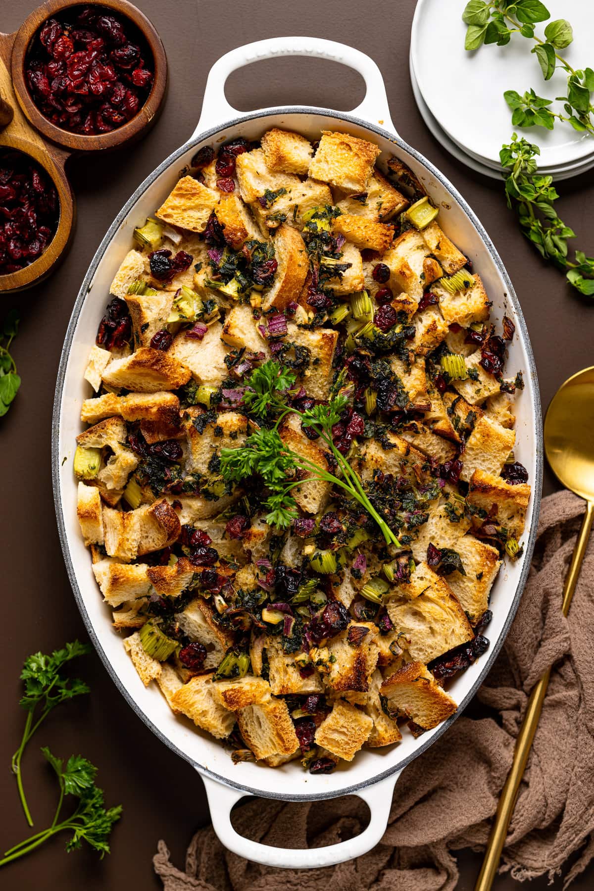 Baking dish filled with Vegan Stuffing